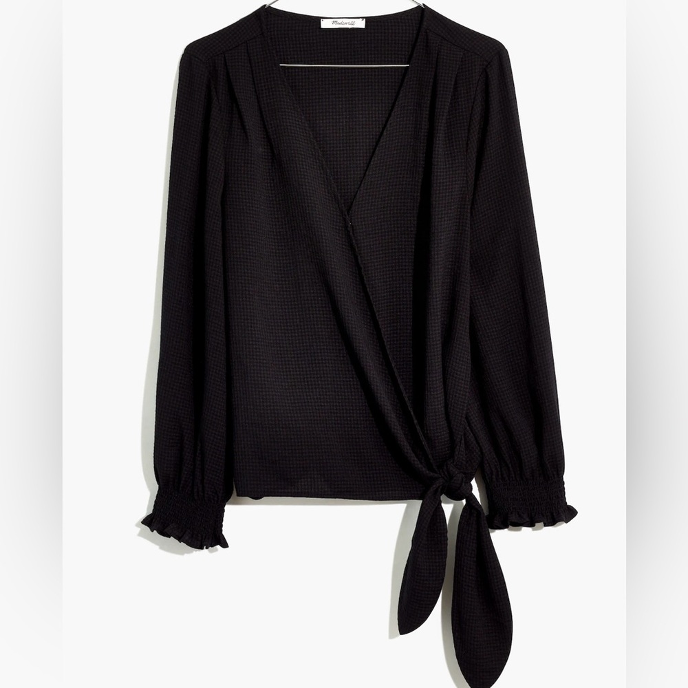 Madewell Black Wrap Smocked-Sleeve Wrap Top